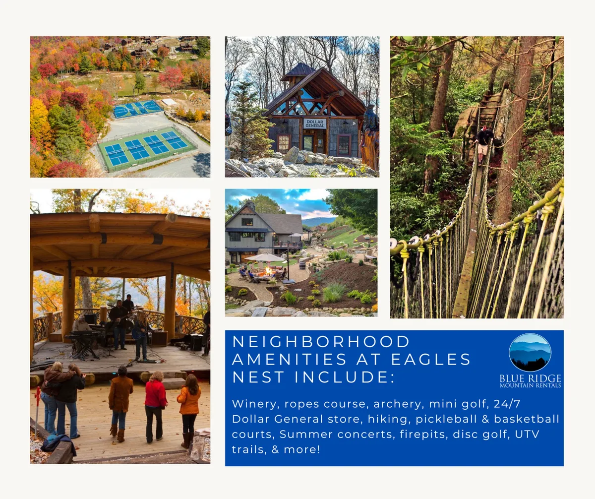 A lively exterior scene showcasing multiple amenities within the Eagles Nest community, including a ropes course, mini-golf area, archery, sports courts, a concert stage, firepit areas, and even a winery. The image is bustling with activity, capturing both kids and adults engaging in outdoor fun with a scenic backdrop.